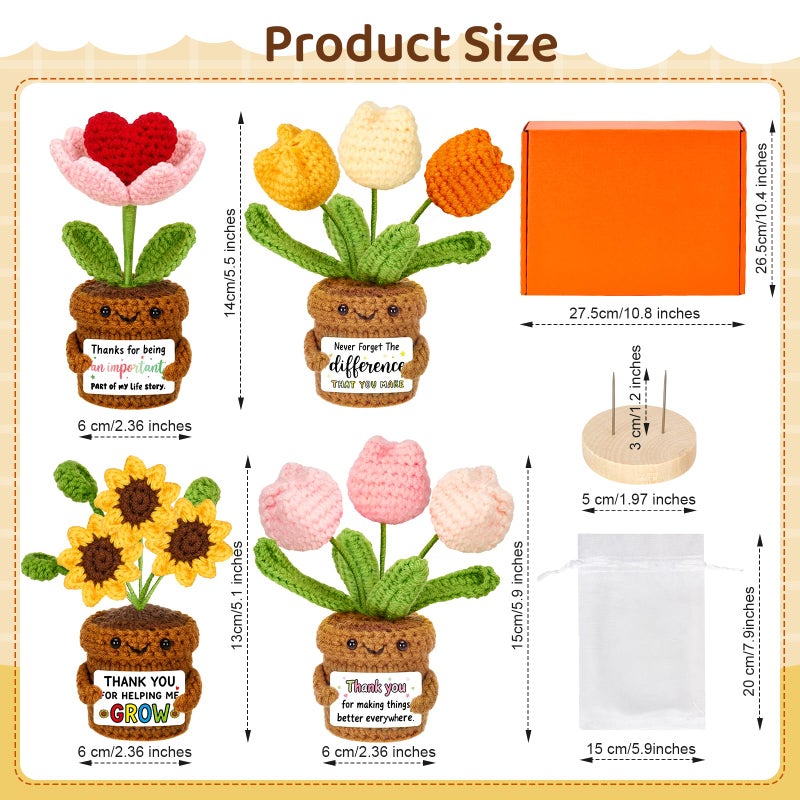 Bafeil 4 Pcs Employee Appreciation Thank You Gifts for Women, Positive Crochet Sunflower Tulip Heart Potted Plant Dolls with Card Wooden Stands Box, Teacher Self Care Staff Inspirational Gifts Bulk - Image 2