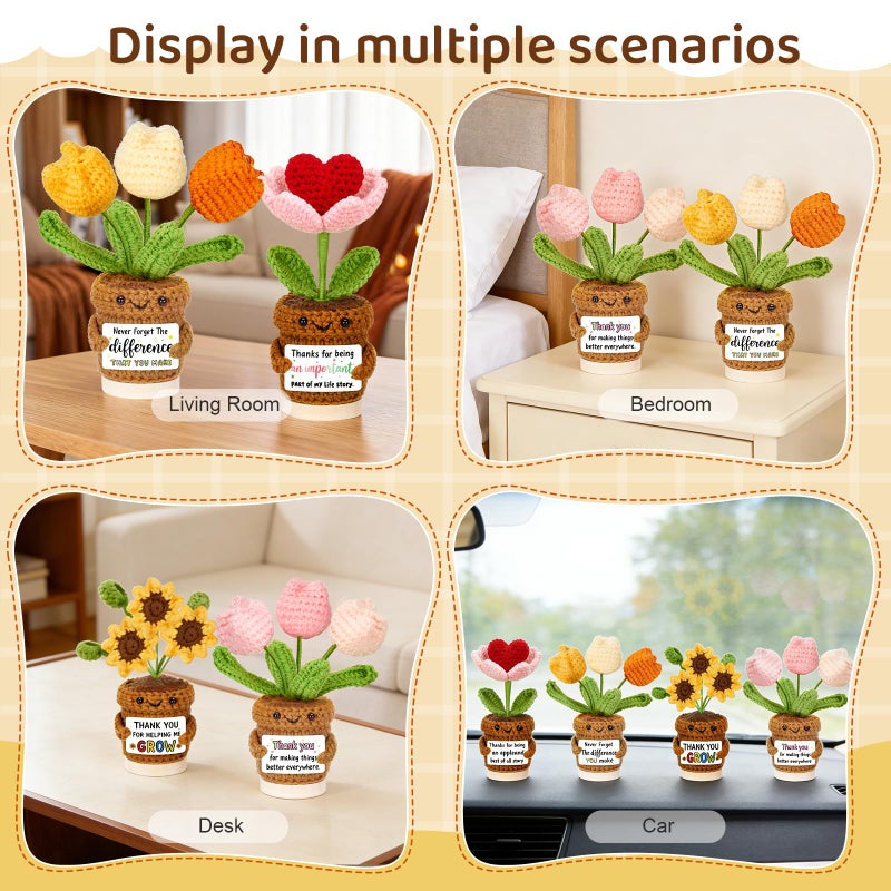 Bafeil 4 Pcs Employee Appreciation Thank You Gifts for Women, Positive Crochet Sunflower Tulip Heart Potted Plant Dolls with Card Wooden Stands Box, Teacher Self Care Staff Inspirational Gifts Bulk - Image 4
