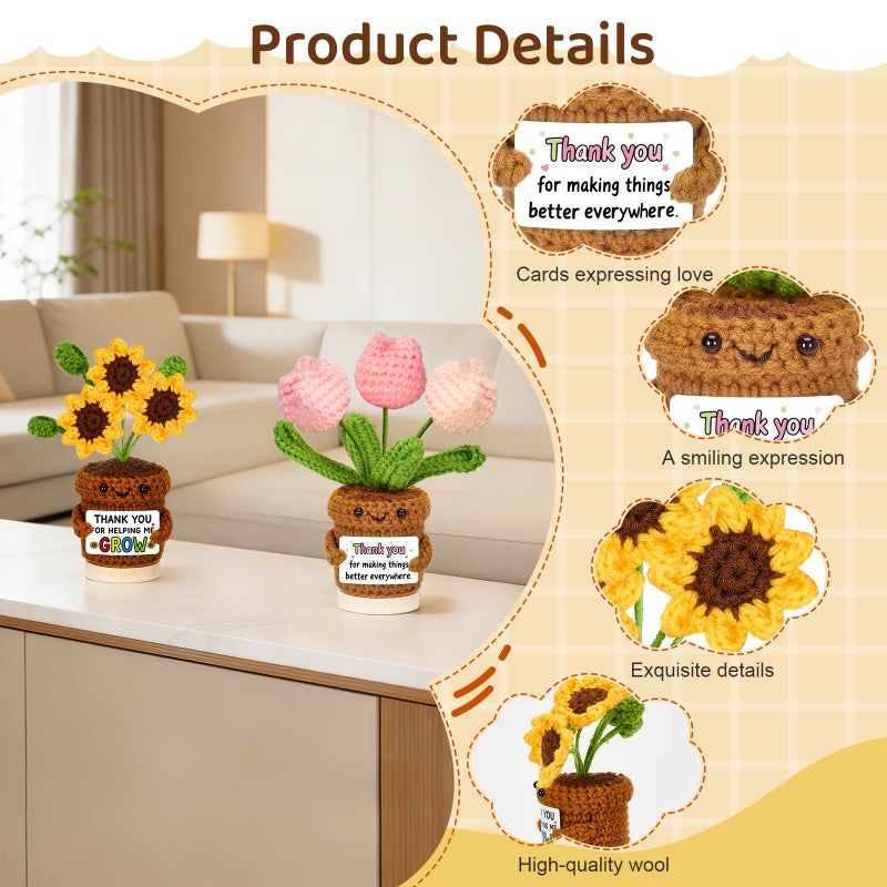 Bafeil 4 Pcs Employee Appreciation Thank You Gifts for Women, Positive Crochet Sunflower Tulip Heart Potted Plant Dolls with Card Wooden Stands Box, Teacher Self Care Staff Inspirational Gifts Bulk - Image 3