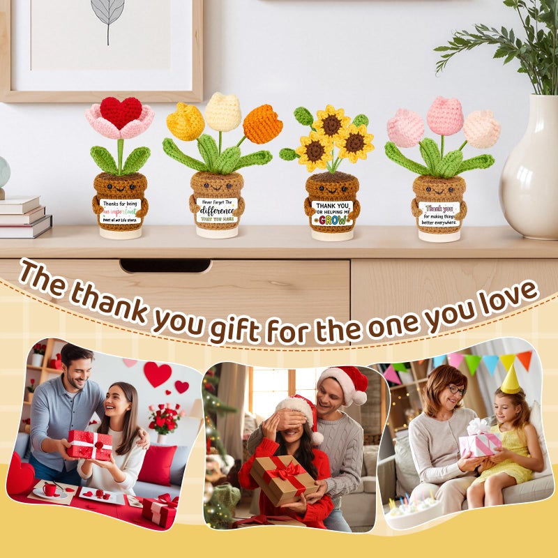 Bafeil 4 Pcs Employee Appreciation Thank You Gifts for Women, Positive Crochet Sunflower Tulip Heart Potted Plant Dolls with Card Wooden Stands Box, Teacher Self Care Staff Inspirational Gifts Bulk - Image 5