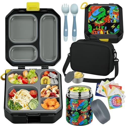 wiwens Bento Lunch Box for Kids with 12oz Soup Thermo Leak-Proof Lunch Food Container with 5 Compartment Thermo Hot Food Jar and Insulated Lunch Bag for Kid Toddler Girls Boys to School - Image 1