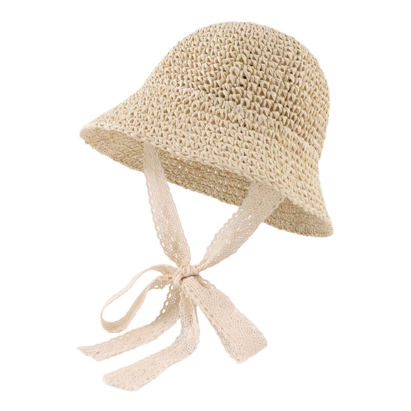 JANGANNSA Baby Girl Straw Hat Outdoor Baby Sun Protection Hats Summer Bowknot Beach Cap for Infant Toddler Girls(Lace Tie-Beige,2-5 Years) - Image 1