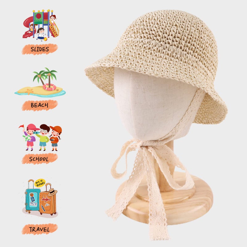 JANGANNSA Baby Girl Straw Hat Outdoor Baby Sun Protection Hats Summer Bowknot Beach Cap for Infant Toddler Girls(Lace Tie-Beige,2-5 Years) - Image 2
