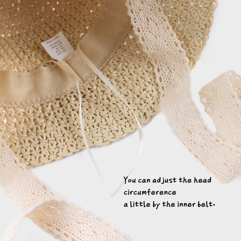 JANGANNSA Baby Girl Straw Hat Outdoor Baby Sun Protection Hats Summer Bowknot Beach Cap for Infant Toddler Girls(Lace Tie-Beige,2-5 Years) - Image 4