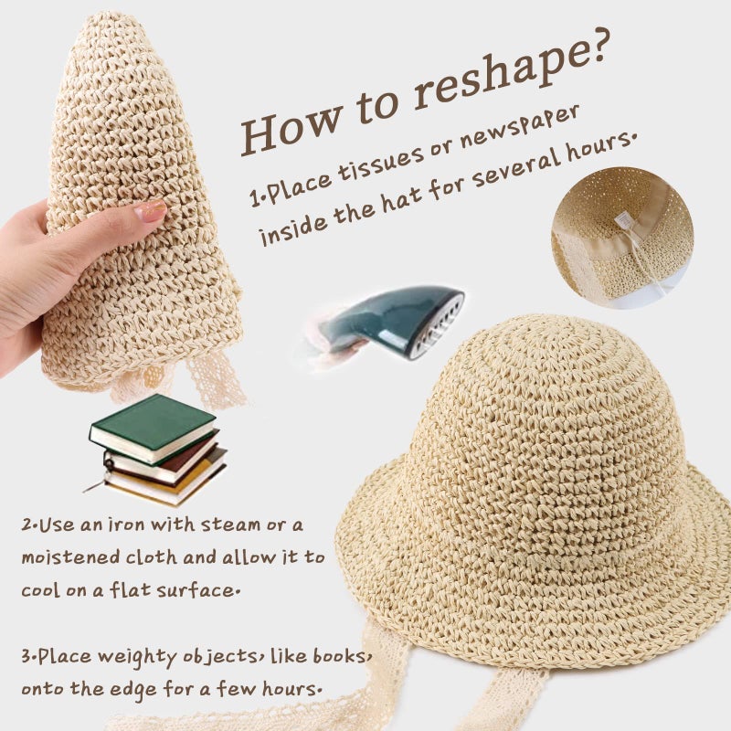 JANGANNSA Baby Girl Straw Hat Outdoor Baby Sun Protection Hats Summer Bowknot Beach Cap for Infant Toddler Girls(Lace Tie-Beige,2-5 Years) - Image 5