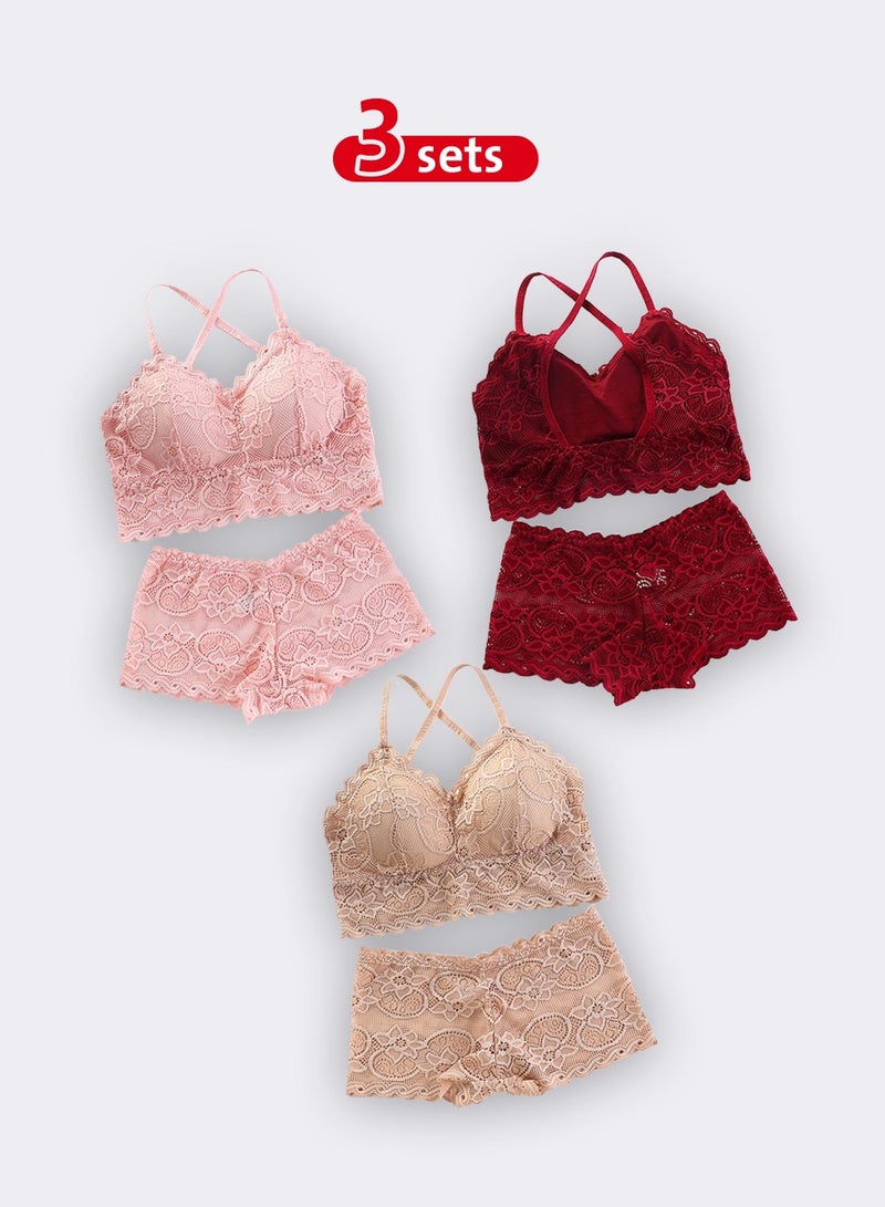 Set of 3 Lace-Detail Bikini Sets in Red, Pink, and Beige - Image 1