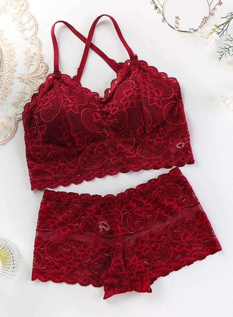 Set of 3 Lace-Detail Bikini Sets in Red, Pink, and Beige - Image 4