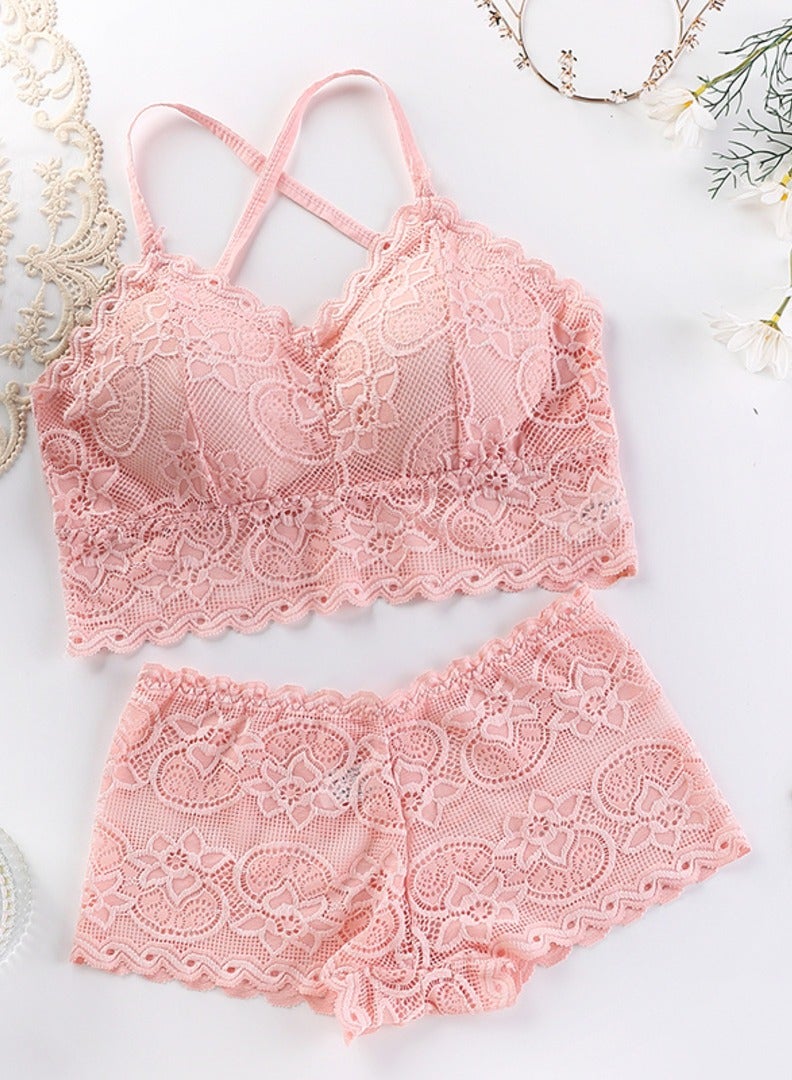 Set of 3 Lace-Detail Bikini Sets in Red, Pink, and Beige - Image 3