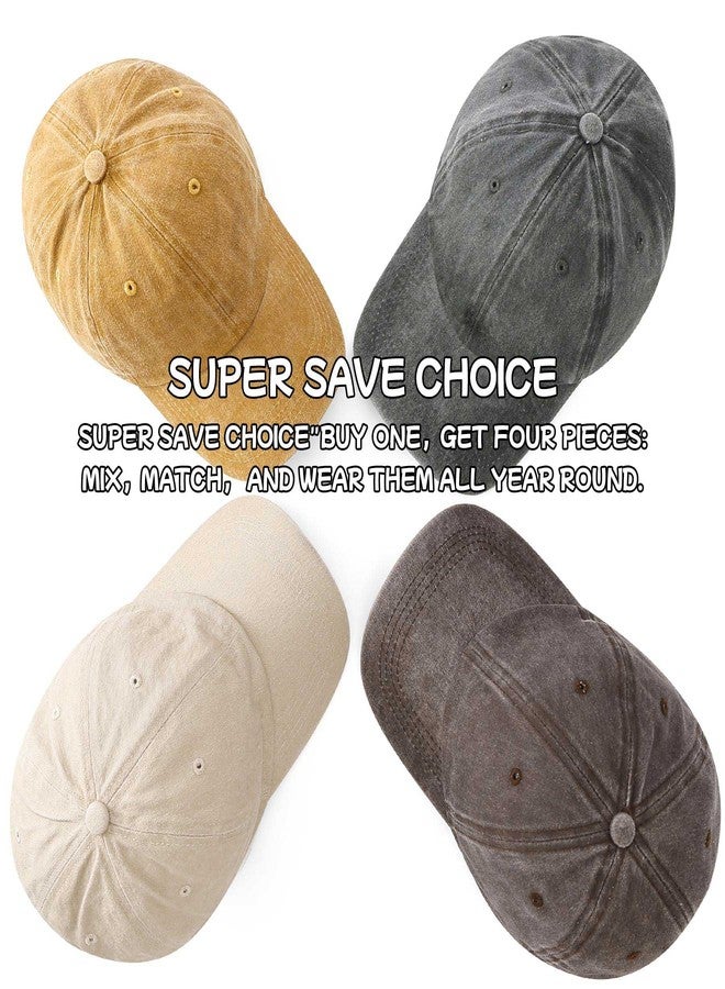 QFE 4 Pack Vintage Baseball Cap Hats for Men Women Dad Hat Trucker Blank Denim Adjustable Cotton Unconstructed Plain Washed Caps Distressed Golf Classic Low Profile Soft Beige+Yellow+Khaki+Darkgray - Image 2