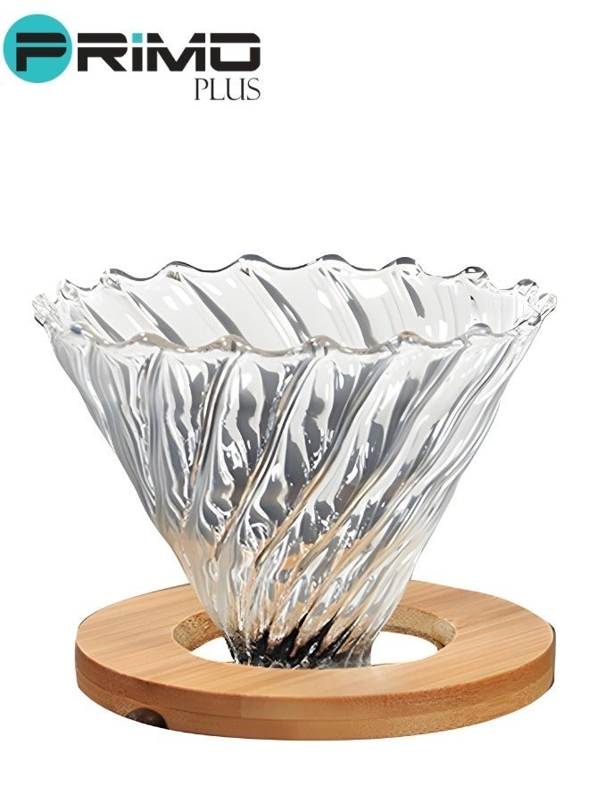 بريمو بلس كوب من الزجاج V60 بفلتر لتنقيط القهوة مع قاعدة مصنوعة من الخشب شفاف - Image 1