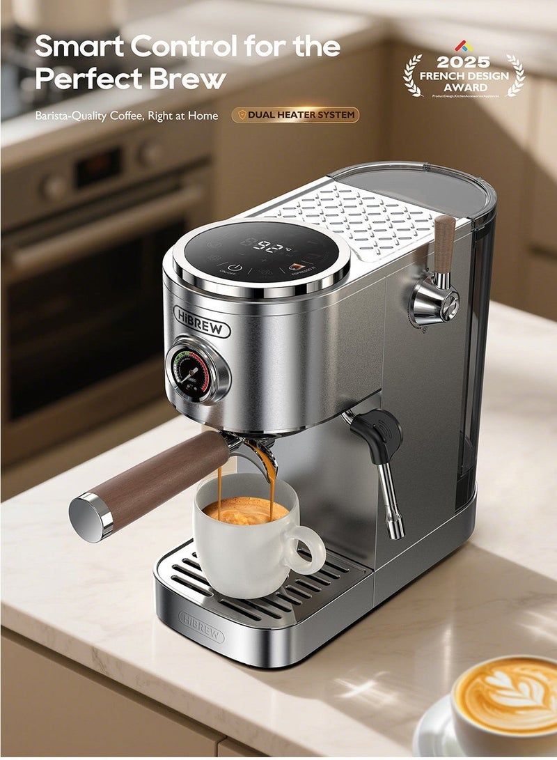 هيبرو ماكينة قهوة إسبريسو نصف أوتوماتيكية HiBREW H13، بثلاثة مستويات حرارة قابلة للتعديل (بارد/ساخن)، ضغط 20 بار، مع خفاقة حليب، مثالية لتحضير الكابتشينو، لون فضي. - Image 2