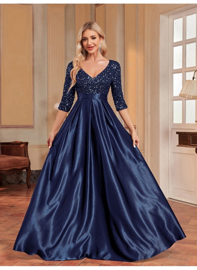 Madam Uniq Elegant Deep Blue V-Neck Sequin Mid-Sleeve Evening Gown  - Image 4