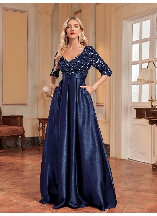 Madam Uniq Elegant Deep Blue V-Neck Sequin Mid-Sleeve Evening Gown  - Image 3
