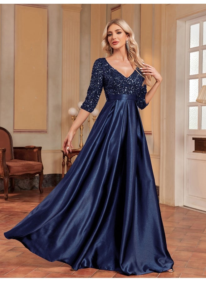 Madam Uniq Elegant Deep Blue V-Neck Sequin Mid-Sleeve Evening Gown  - Image 5
