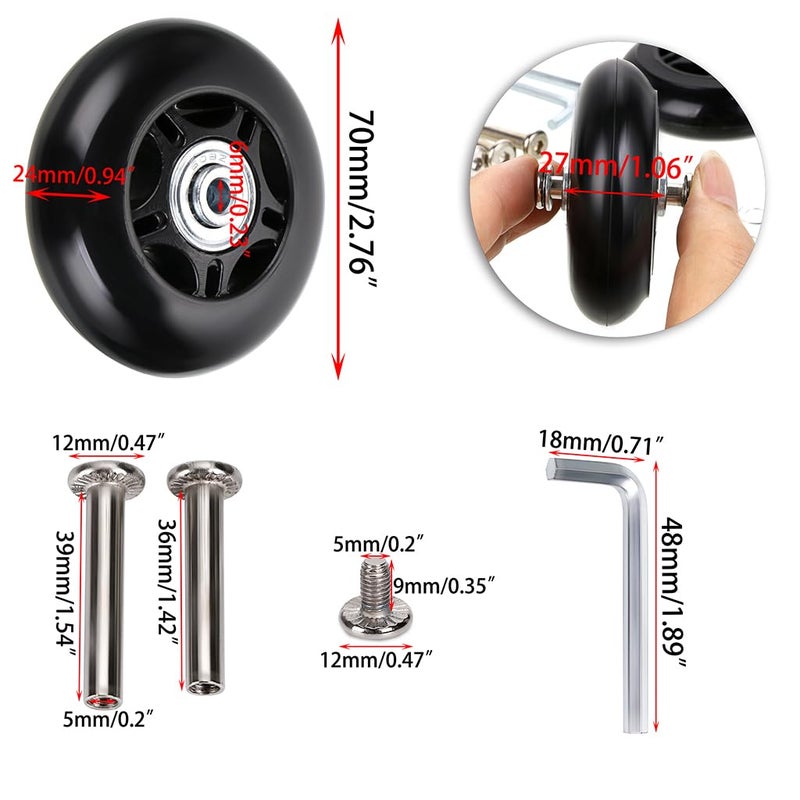 OwnMy 70mm x 24mm Single Luggage Wheels Replacements Kit, Set of 2 Mute Suitcase Replacement Wheels with 36mm/39mm Axles Screws Bearings, Rotatable Rubber Luggage Swivel Wheel Kit - Image 2