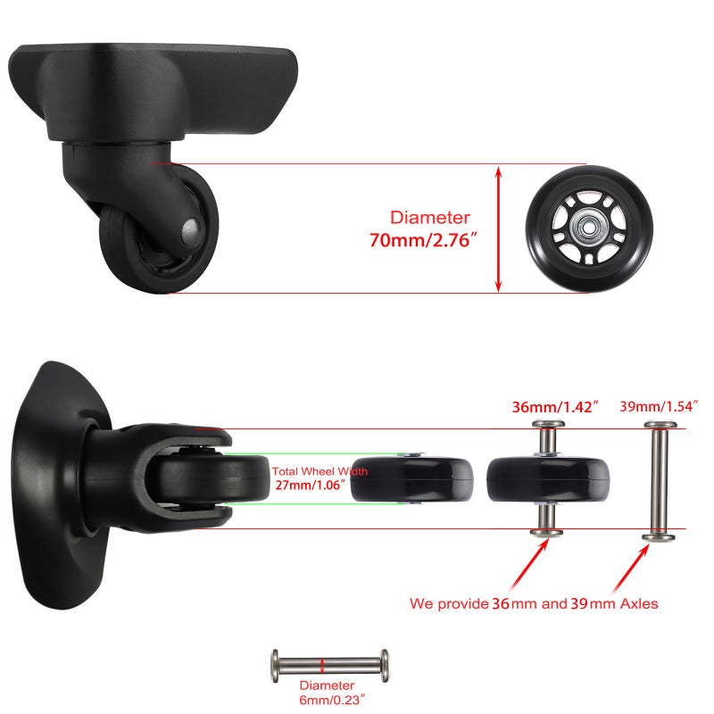 OwnMy 70mm x 24mm Single Luggage Wheels Replacements Kit, Set of 2 Mute Suitcase Replacement Wheels with 36mm/39mm Axles Screws Bearings, Rotatable Rubber Luggage Swivel Wheel Kit - Image 3
