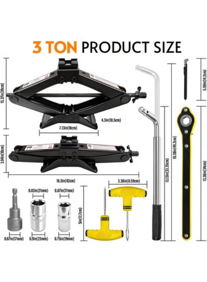 عدة رافعة مقصية للسيارة – قدرة 3 طن مع أدوات تغيير الإطارات للطوارئ لمعظم السيارات - Image 5