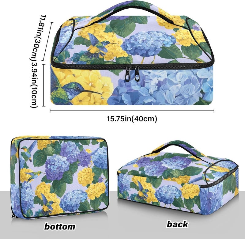 ElliTarr Casserole Carrier Insulated Casserole Dish Carrier Thermal Food Warmer Bag Lasagna Holder Lugger Tote Potluck Containers for Travel Picnic Party Blue Hydrangeas Hummingbirds - Image 3