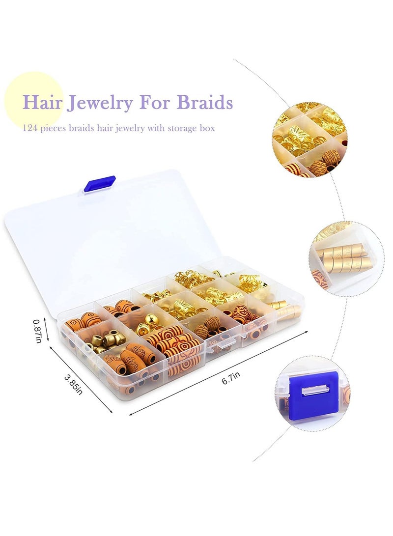 124 PCS Hair Jewelry Accessories for Dreadlocks and Braids - Decorative Coils, Rings, and Imitation Wood-Like Beads - Image 5