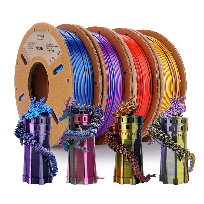 ERYONE Silk TriColor Coextrusion PLA Filament 3D Printer 175mm 003mm Triple Color 025kgSpools 4Pack22lbs RedGoldBlack GoldPurple BluePurple RedBlueGreen