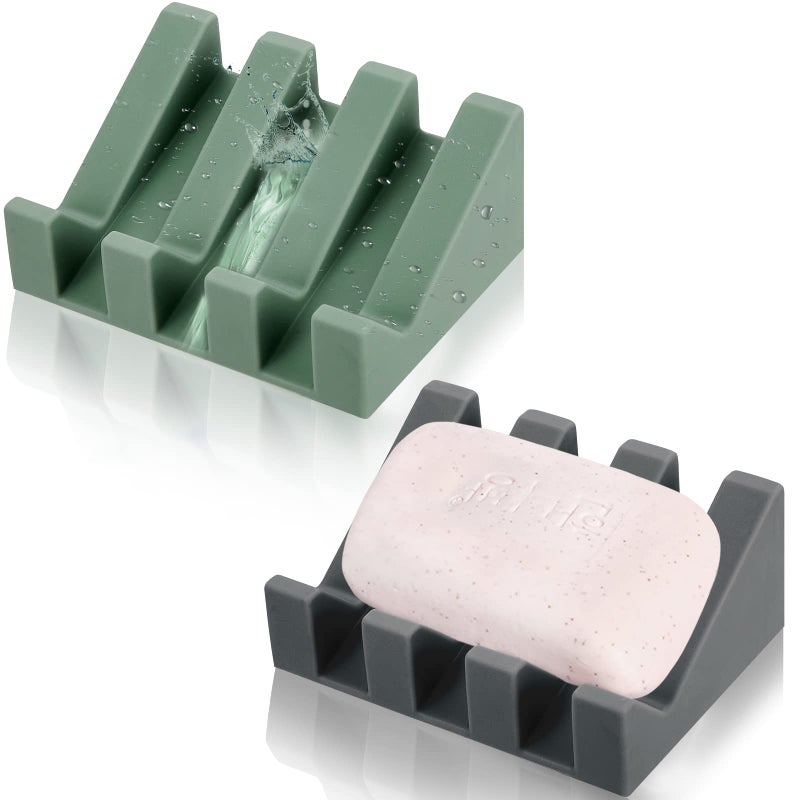 Cunhill 2 Pieces Silicone Soap Dish Self Draining Soap Dish Shower Waterfall Bar Soap Holder Tray with Drain Soap Saver for Kitchen Bathroom Accessories Dark GreyLight Green
