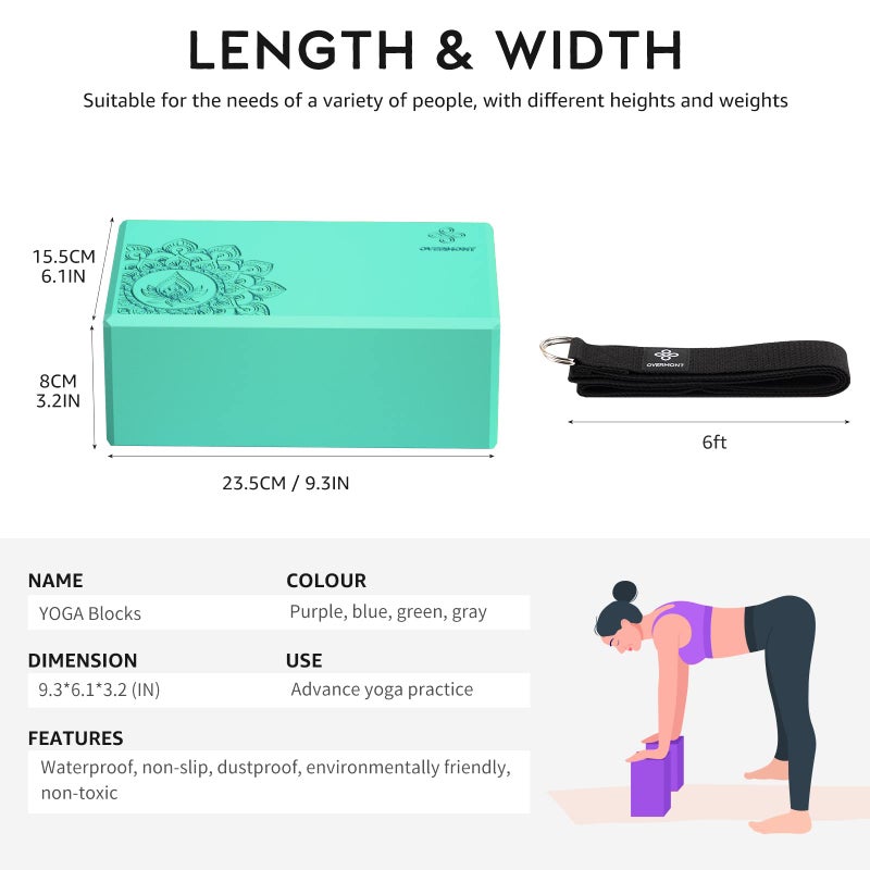 Overmont Yoga Block 2 Pack Supportive Latex-Free EVA Foam Soft Non-Slip Surface for General Fitness Pilates Stretching and Meditation 9"x6"x3" Yoga Strap Included - Image 5