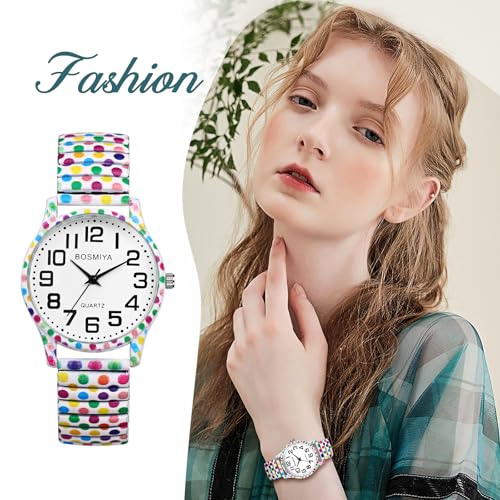 Lancardo Women Stretch Band Watch: Bohemia Polka Dots Elastic Analog Quartz Big Number White Dial Wristwatch Easy to Read Birthday - Image 4