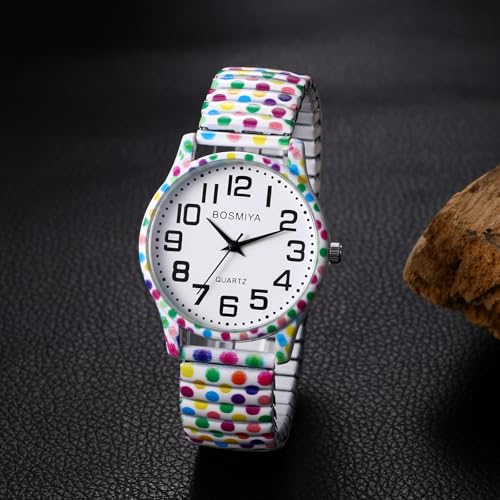 Lancardo Women Stretch Band Watch: Bohemia Polka Dots Elastic Analog Quartz Big Number White Dial Wristwatch Easy to Read Birthday - Image 5