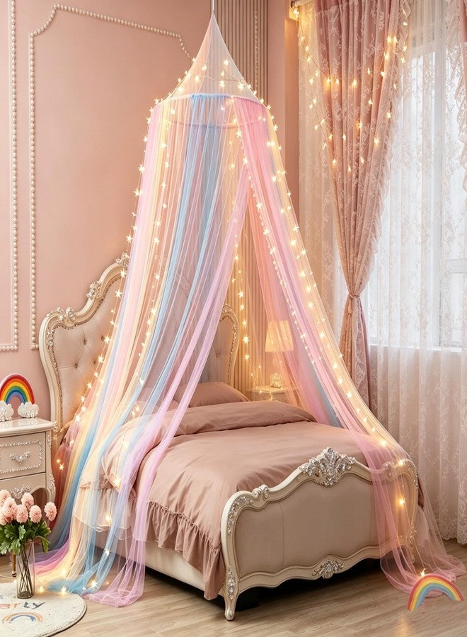 Comtelek Mosquito Net Bed Canopy for Girls,King Canopy Bed Curtains Full Queen Size from Ceiling,Dome Mosquito Netting Bed Tent Twin Girls Princess Canopy Bed White Decor for Baby Crib (Light Rainbow) - Image 1
