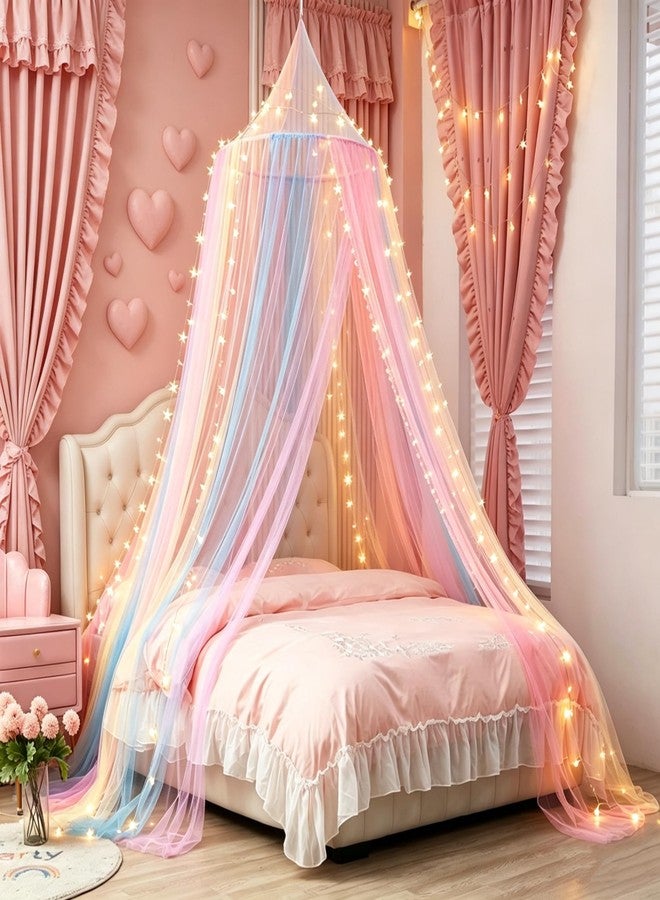 Comtelek Mosquito Net Bed Canopy for Girls,King Canopy Bed Curtains Full Queen Size from Ceiling,Dome Mosquito Netting Bed Tent Twin Girls Princess Canopy Bed White Decor for Baby Crib (Light Rainbow) - Image 5