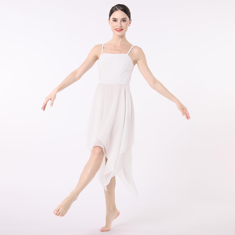 ODASDO Women Lyrical Dance Dress Ballet Modern Contemporary Dance Costume Spaghetti Straps Handerkerchief Hem Chiffon Flowy Skirt Ballroom Cha Cha Clothes White M - Image 4