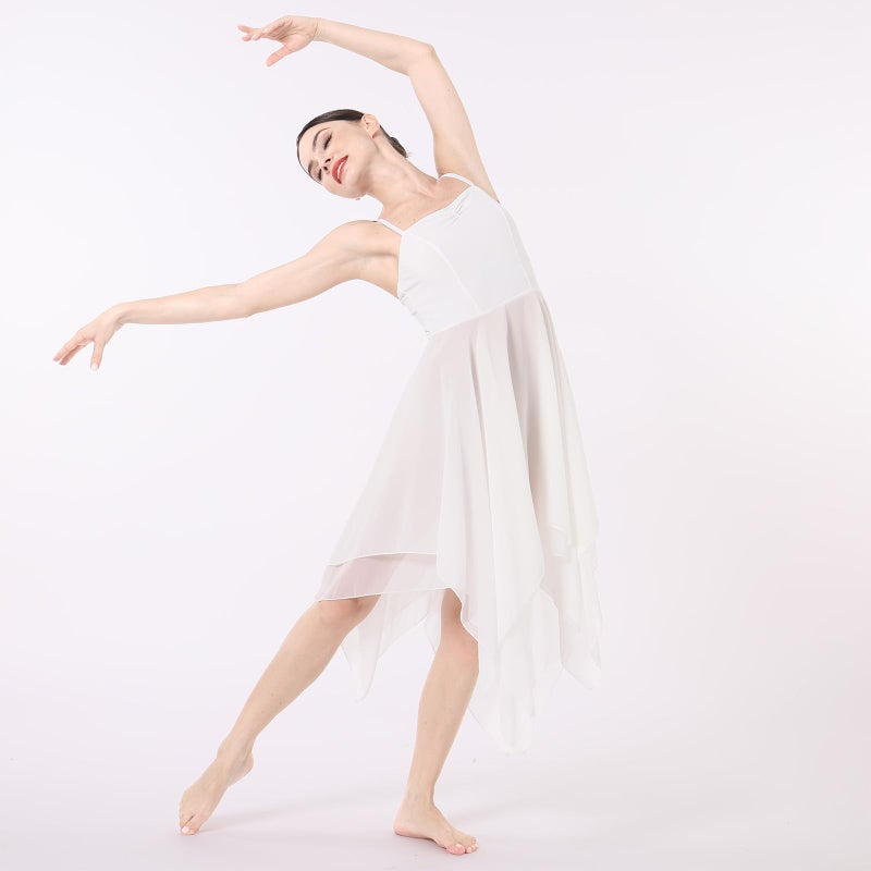 ODASDO Women Lyrical Dance Dress Ballet Modern Contemporary Dance Costume Spaghetti Straps Handerkerchief Hem Chiffon Flowy Skirt Ballroom Cha Cha Clothes White M - Image 3