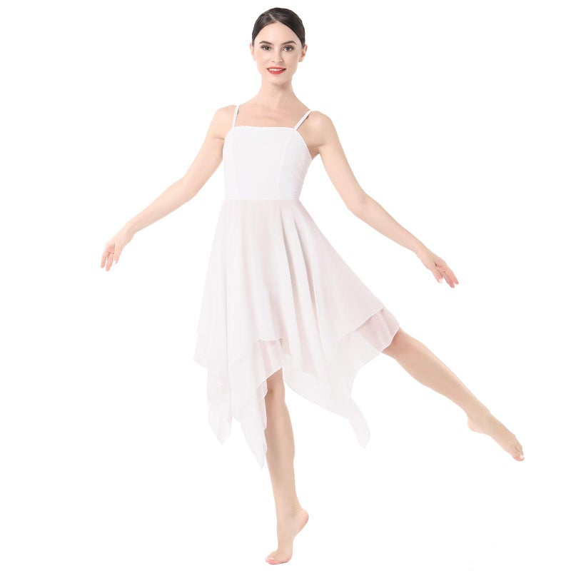 ODASDO Women Lyrical Dance Dress Ballet Modern Contemporary Dance Costume Spaghetti Straps Handerkerchief Hem Chiffon Flowy Skirt Ballroom Cha Cha Clothes White M - Image 1
