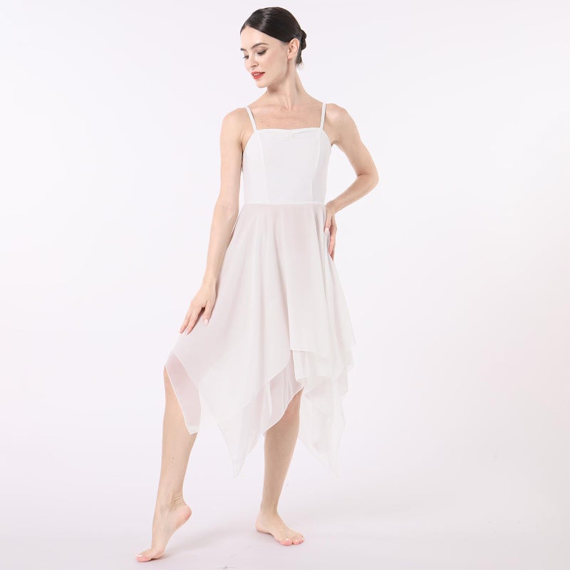 ODASDO Women Lyrical Dance Dress Ballet Modern Contemporary Dance Costume Spaghetti Straps Handerkerchief Hem Chiffon Flowy Skirt Ballroom Cha Cha Clothes White M - Image 2