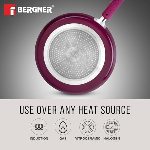 BERGNER Aluminium Jazz Non Stick Cookware Set 4Pc-Kadhai with Glass Lid 24Cm, Dosa Tawa 28Cm, Frypan 24Cm with Induction Compatible, Pfoa Free, 1 Year Warranty by Bergner, Purple - Image 4