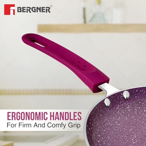 BERGNER Aluminium Jazz Non Stick Cookware Set 4Pc-Kadhai with Glass Lid 24Cm, Dosa Tawa 28Cm, Frypan 24Cm with Induction Compatible, Pfoa Free, 1 Year Warranty by Bergner, Purple - Image 5