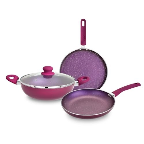 BERGNER Aluminium Jazz Non Stick Cookware Set 4Pc-Kadhai with Glass Lid 24Cm, Dosa Tawa 28Cm, Frypan 24Cm with Induction Compatible, Pfoa Free, 1 Year Warranty by Bergner, Purple - Image 1