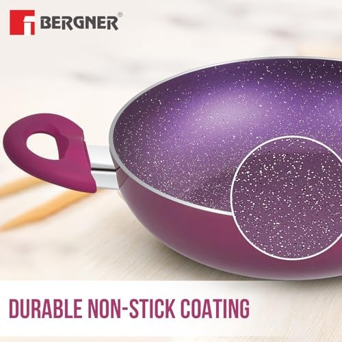 BERGNER Aluminium Jazz Non Stick Cookware Set 4Pc-Kadhai with Glass Lid 24Cm, Dosa Tawa 28Cm, Frypan 24Cm with Induction Compatible, Pfoa Free, 1 Year Warranty by Bergner, Purple - Image 2