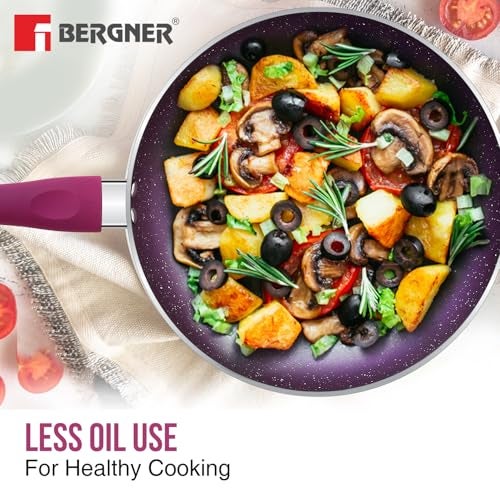 BERGNER Aluminium Jazz Non Stick Cookware Set 4Pc-Kadhai with Glass Lid 24Cm, Dosa Tawa 28Cm, Frypan 24Cm with Induction Compatible, Pfoa Free, 1 Year Warranty by Bergner, Purple - Image 3