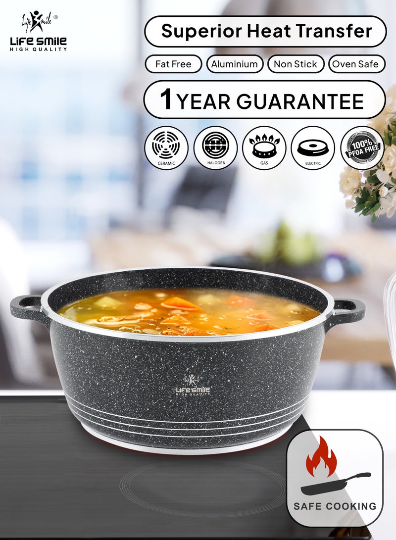 32cm (9.5 Liter) LIFE SMILE Cooking Pot | aluminum Soup Pot With Glass Lid | 100% PFOA Free, Fixed Handle | Multi Layer Non-Stick Granite Coating | oven safe