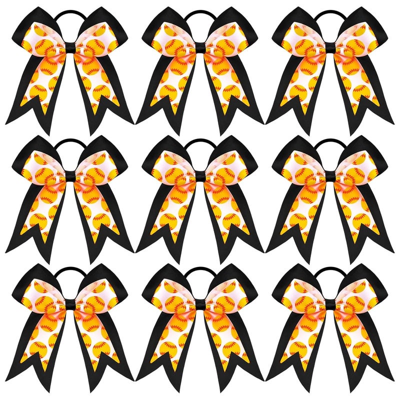 MTLEE 9 Pcs 75 Inch Black Softball Ribbon Hair Bows Cheer Hair Bows Elastic Scrunchies Hair Bands Cheerleader Bows Volleyball Sports Ball Ponytail Holder Sport Hair Accessories for Girl Player