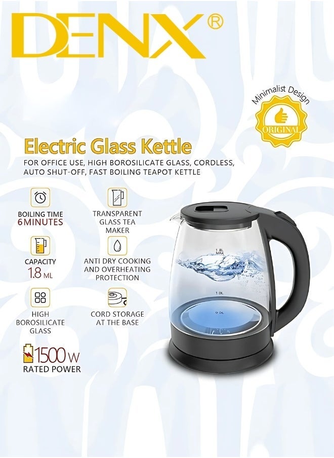 Denx Glass Electric Kettle With Led Light , 1.8L, 1500W - Image 3