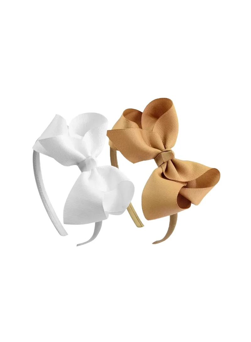 Lion Llama Kids Girls Cute Bowknot Headband, Handmade Cloth Twisted Bow Hairband for Children, Soft Sweet Style Hair Accessory -khaki & White (2-piece set)