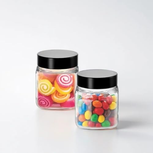 Brezzycloud Glass Square Shape Clear Jars And Containers For Kitchen Pantry, Snacks, Masala, Pickles, Dry Fruits, And Coffee Beans Storage With Black Color Plastic Lid 250Ml Set Of (8) - Image 2