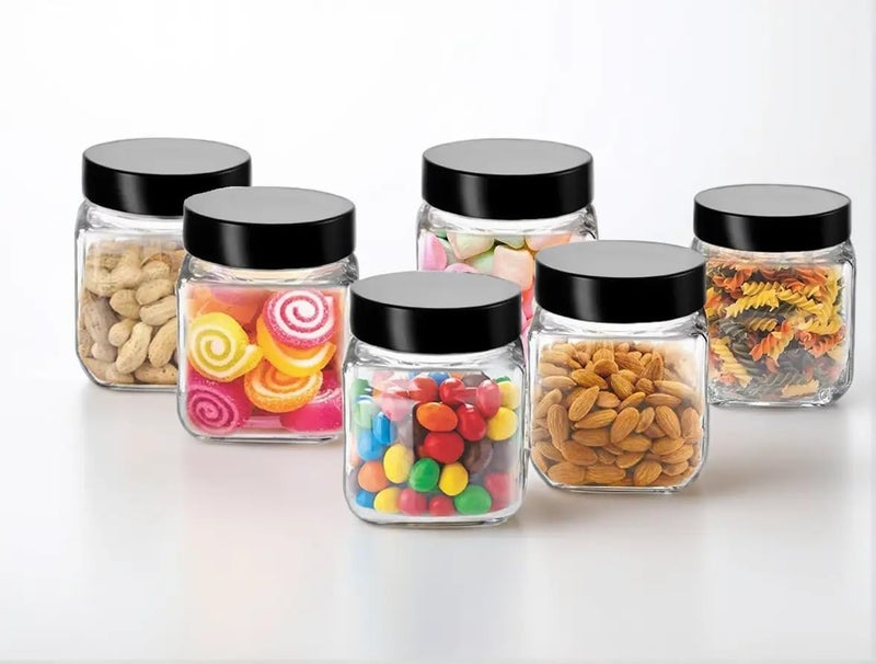 Brezzycloud Glass Square Shape Clear Jars And Containers For Kitchen Pantry, Snacks, Masala, Pickles, Dry Fruits, And Coffee Beans Storage With Black Color Plastic Lid 250Ml Set Of (8) - Image 1