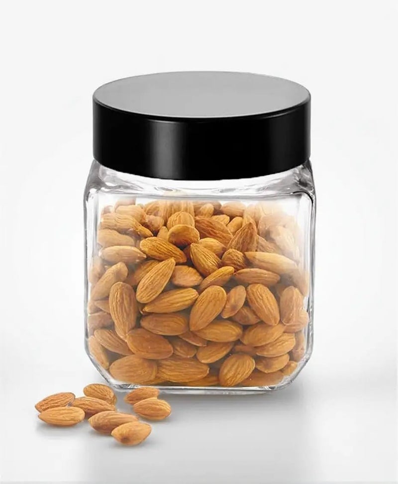 Brezzycloud Glass Square Shape Clear Jars And Containers For Kitchen Pantry, Snacks, Masala, Pickles, Dry Fruits, And Coffee Beans Storage With Black Color Plastic Lid 250Ml Set Of (8) - Image 3