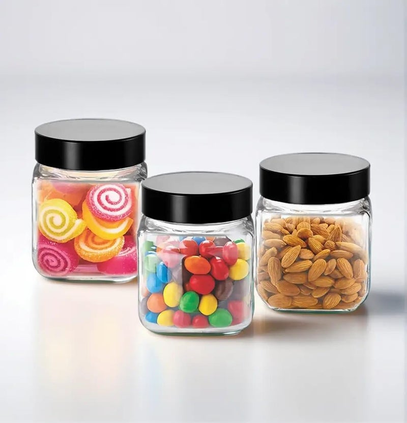 Brezzycloud Glass Square Shape Clear Jars And Containers For Kitchen Pantry, Snacks, Masala, Pickles, Dry Fruits, And Coffee Beans Storage With Black Color Plastic Lid 250Ml Set Of (8) - Image 4