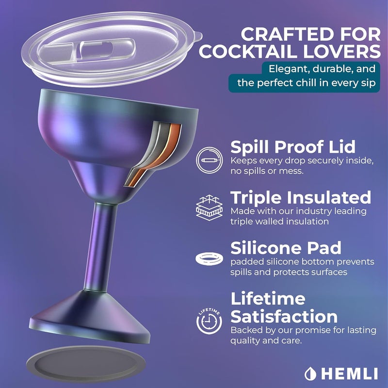 Hemli Insulated Margarita Glass, Cocktail Tumbler with Lid, Stainless Steel Vacuum Insulated, Keeps Drinks Cold for 12 Hours - Image 2