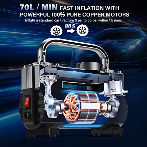 GSPSCN Tire Inflator Heavy Duty Double Cylinders, Portable Metal DC 12V Air Compressor - Car Accessories, 150PSI Tire Pump with Adapter for Car, Truck, SUV Tires, Dinghy, Air Bed etc (Titanium) - Image 3