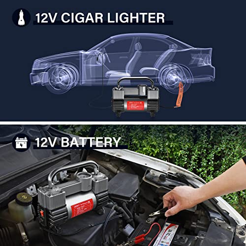 GSPSCN Tire Inflator Heavy Duty Double Cylinders, Portable Metal DC 12V Air Compressor - Car Accessories, 150PSI Tire Pump with Adapter for Car, Truck, SUV Tires, Dinghy, Air Bed etc (Titanium) - Image 5